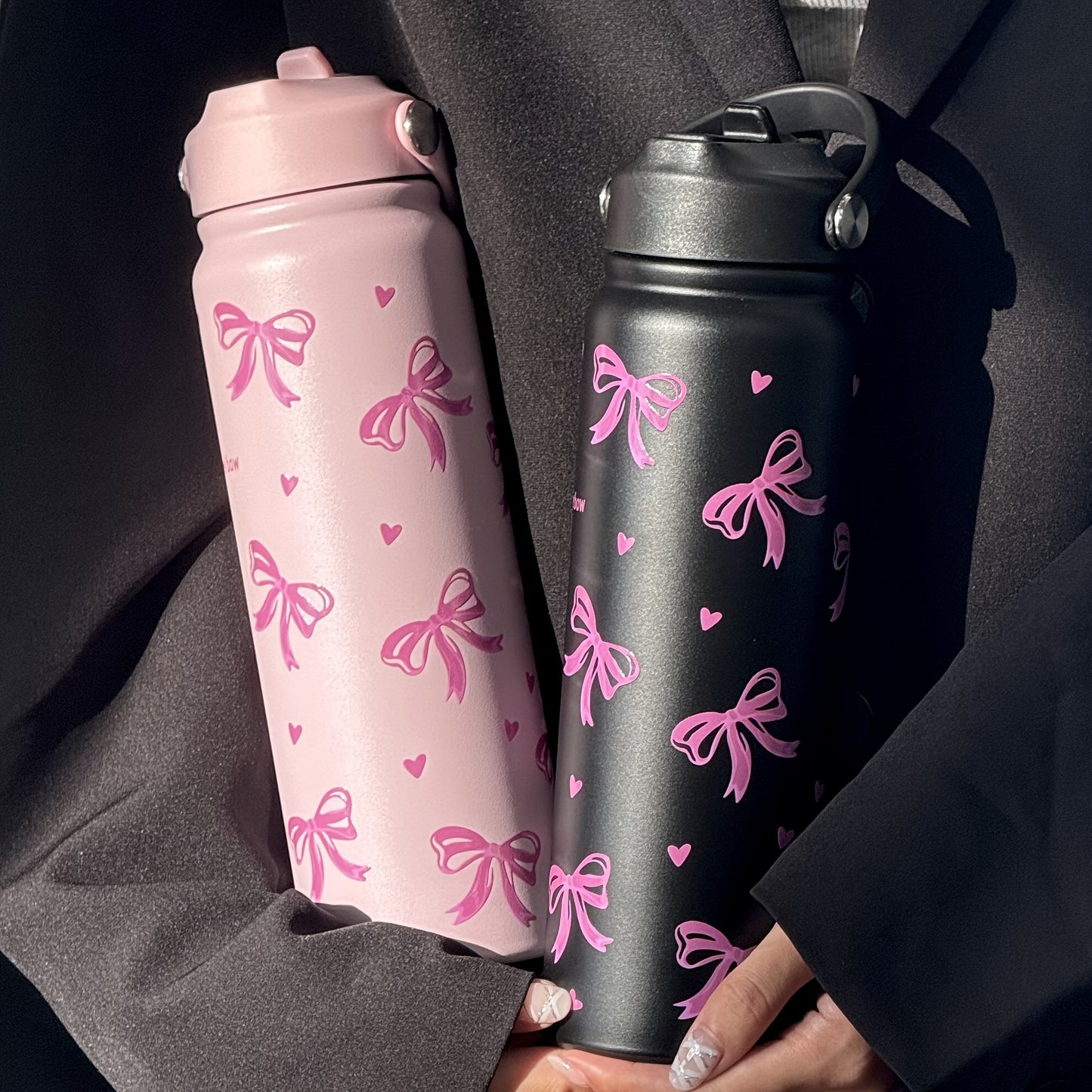 HILAKE Large 800ml\u002F27oz Stainless Steel Insulated Water Bottle & Coffee Cup - Thermal Flask with Elegant Pastel Pink Bow Design