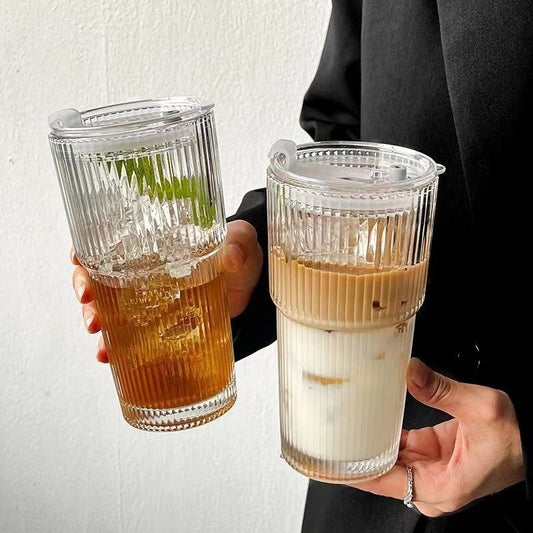 1 Set Elegant Clear Glass Coffee Cups with Straws & Lids - 13.53\u002F20.29oz Large Capacity