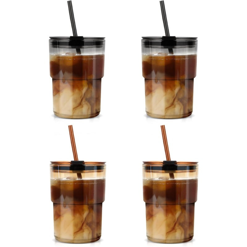 13oz Tumbler Water Glass Cups with Straw and Lid 4 Pack Reusable Glass Tumbler for Iced Tea Coffee Sealed CarryOn Travel Cups for Office Party Camping and Outdoor