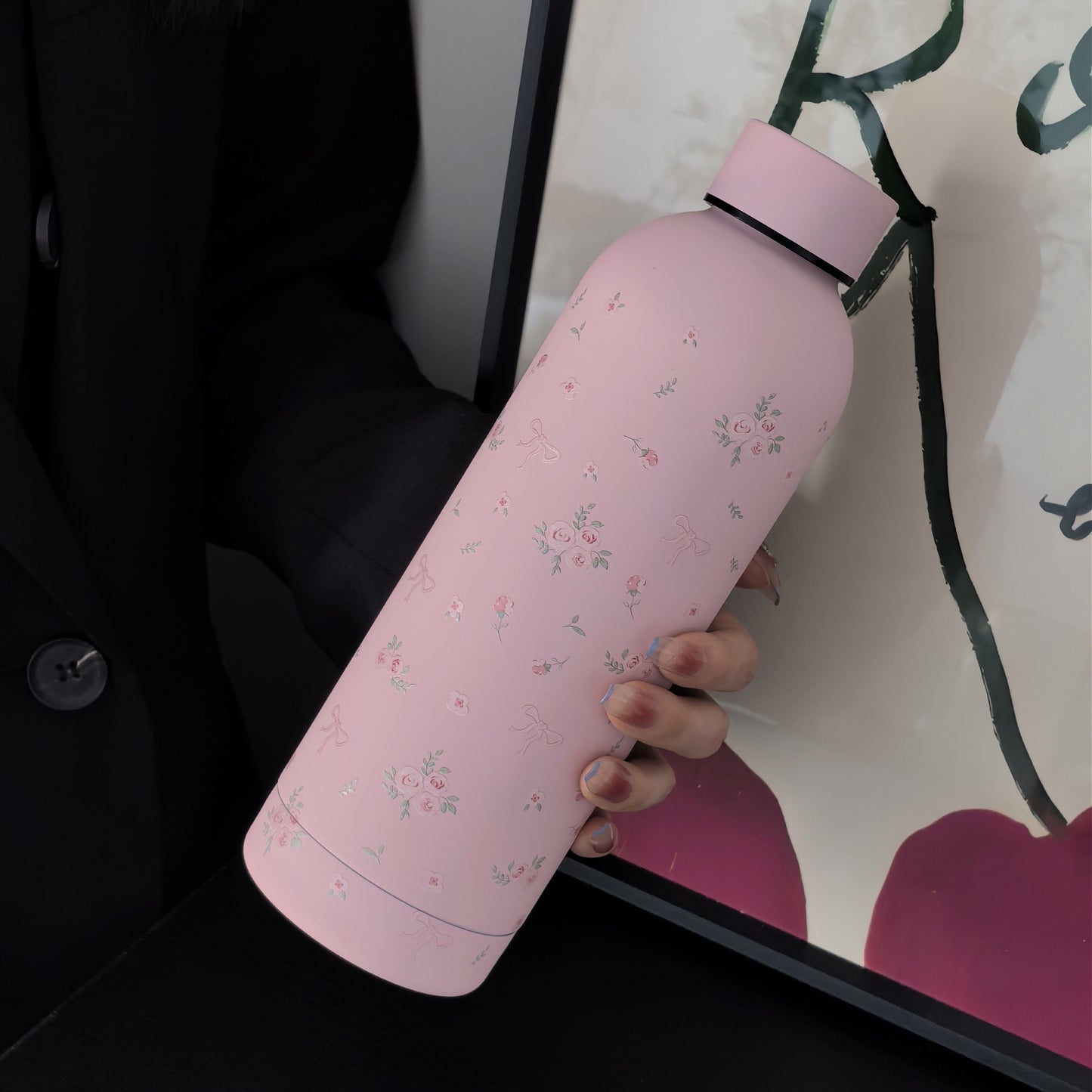 1pc Bowknot Rose Floral Series Double-Layer Stainless Steel Insulated Tumbler, Vacuum Flask & Thermos Bottle for Travel and Outdoor Use