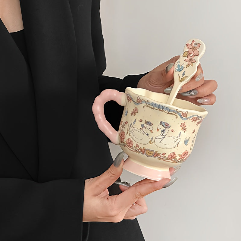 1pc Floral Swan Ceramic Mug - Large Capacity, Elegant Pink & White Design with Floral Patterns