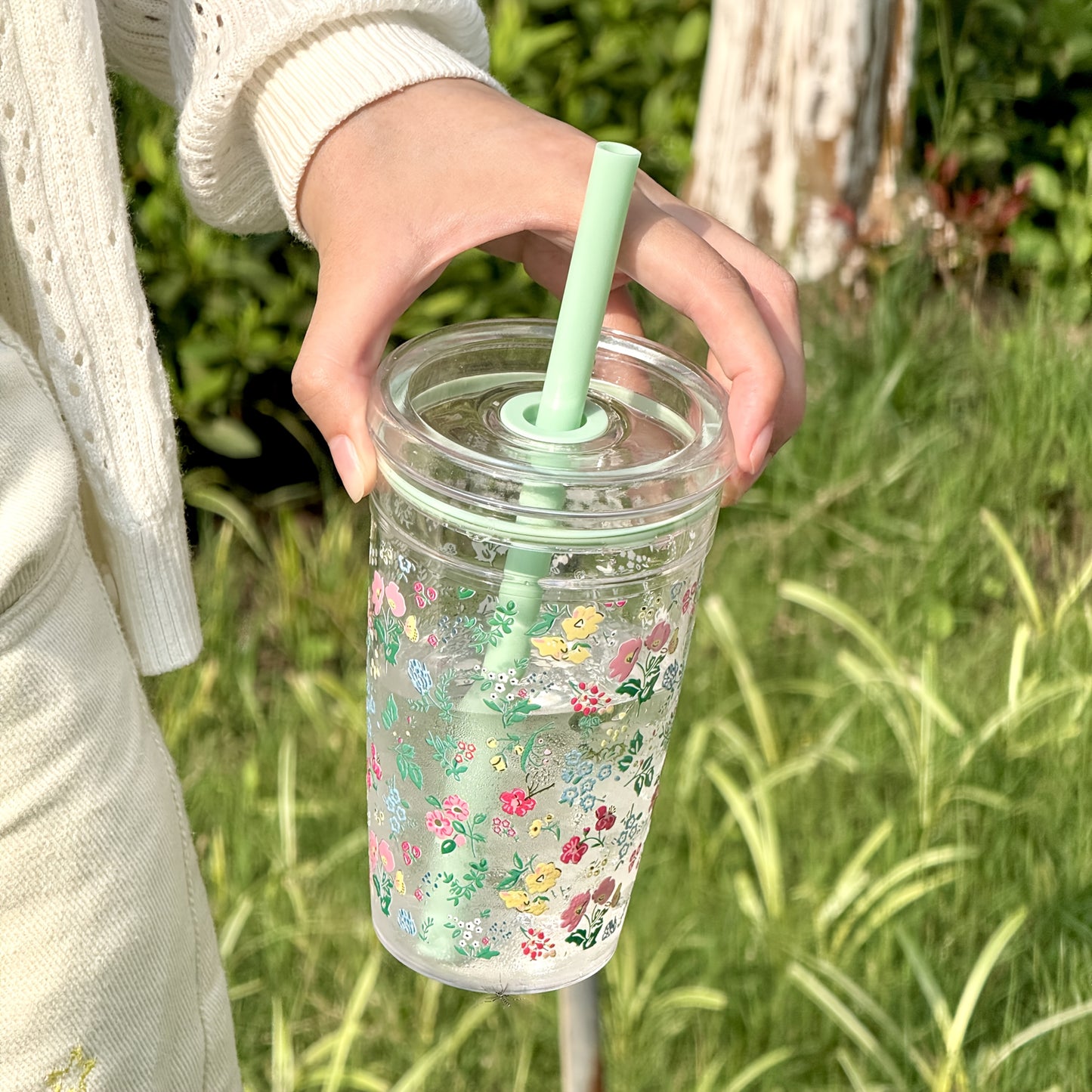 HILAKE 16oz Vintage Floral & Leaf Travel Cup with Straw & Lid - Reusable Durable PC Tumbler