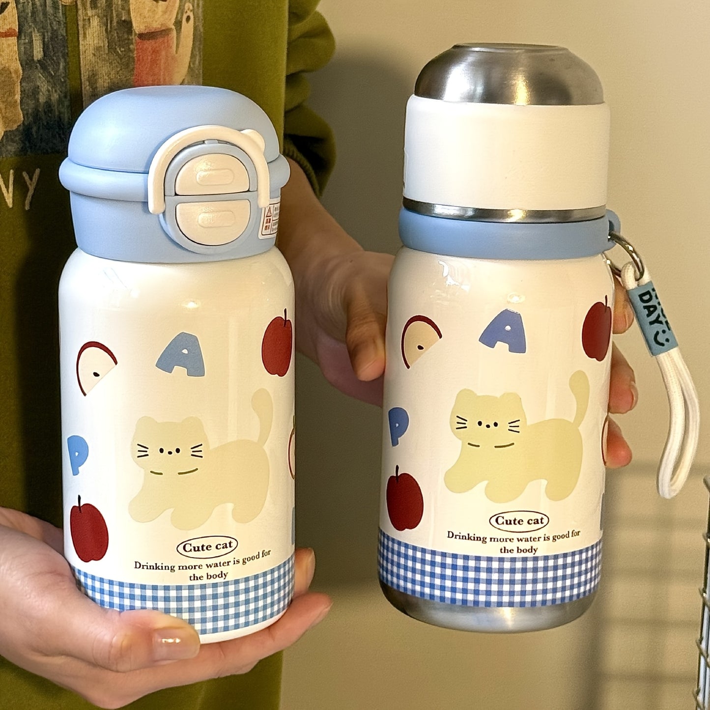 Vacuum Flask Cute Cartoon 316 Thermal Water Bottle Insulated Straw Cups Tumbler with Drinkware Blue Planet Apple Cat