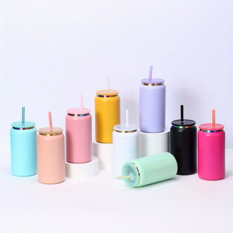 Halloween 25pcs Rainbow Plated Thermal Cup With Lid And Straw, 16oz Laser Engraving Stainless Steel Cup, Drink Cans, Iced Coffee Cup, Smoothie Cup, Vacuum Insulated Stainless Steel 16oz Rainbow Tumbler, Festive Gifts.(Matte Texture)