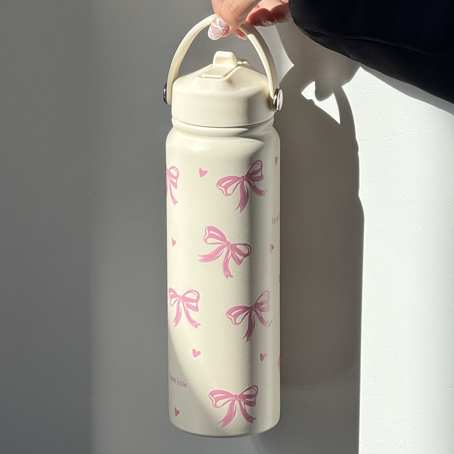 HILAKE Large 800ml\u002F27oz Stainless Steel Insulated Water Bottle & Coffee Cup - Thermal Flask with Elegant Pastel Pink Bow Design