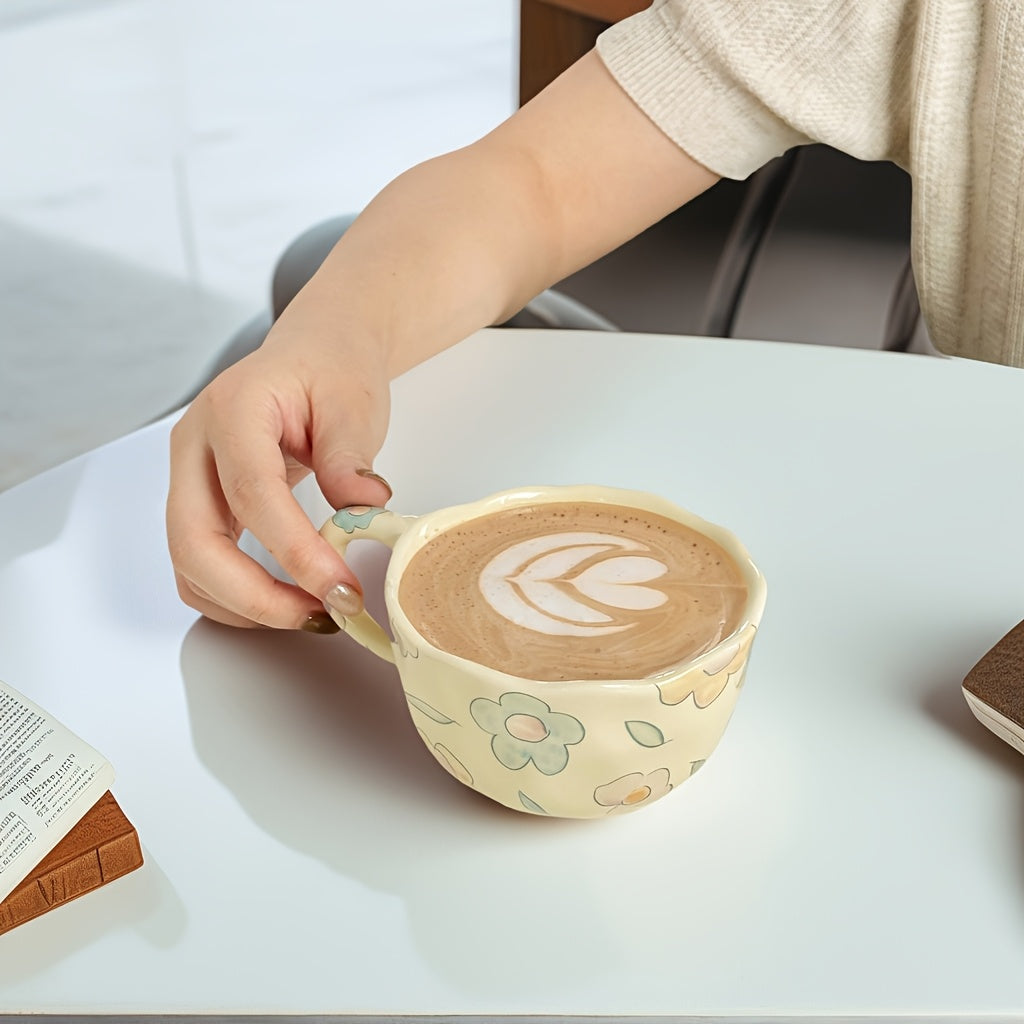 1pc Cute Fruit Ceramic Cup Floral Mug 8.5oz\u002F250ml Cream Color Ins Style Couple Cups with