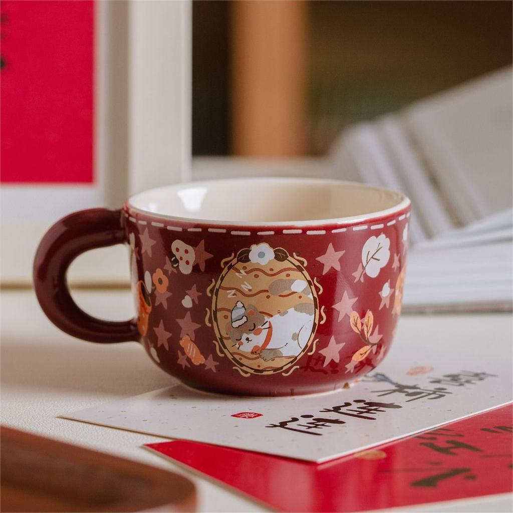 Vintage Cute Money-Grabbing Cat Coffee Mug - Ceramic Kitten Design with Red Bow Tie, Insulated