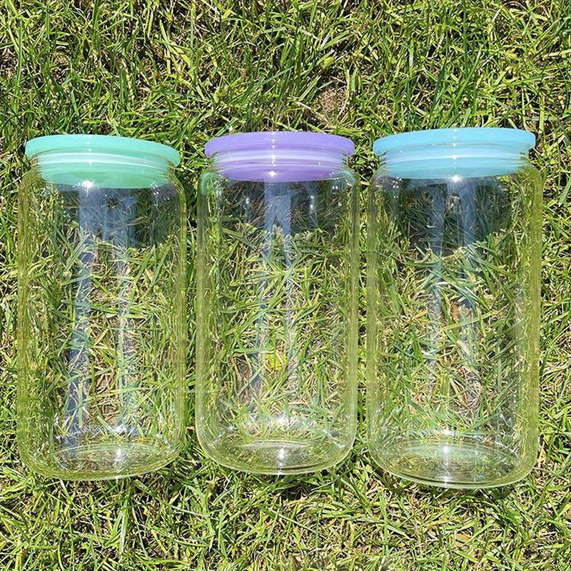 25pcs 16Oz Transparent Glass Cups with Plastic LIDS And Straws