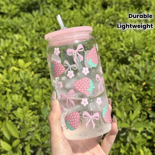 1pc Strawberry Floral Cup HILAKE 1pc 16oz Strawberry Floral Cup with Built-in Straw | Pastel Pink
