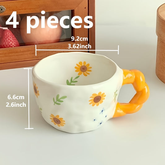 4pcs 1set Twist Braid Handle Flower Mug, Cute Irregular Art Coffee Cup, Suitable for Breakfast, Milk and Afternoon Tea, Reusable Kitchen Supplies, Family Gifts, Couple Cups, Family Cups, Christmas, New Year, Valentine's Day, Holiday Gifts