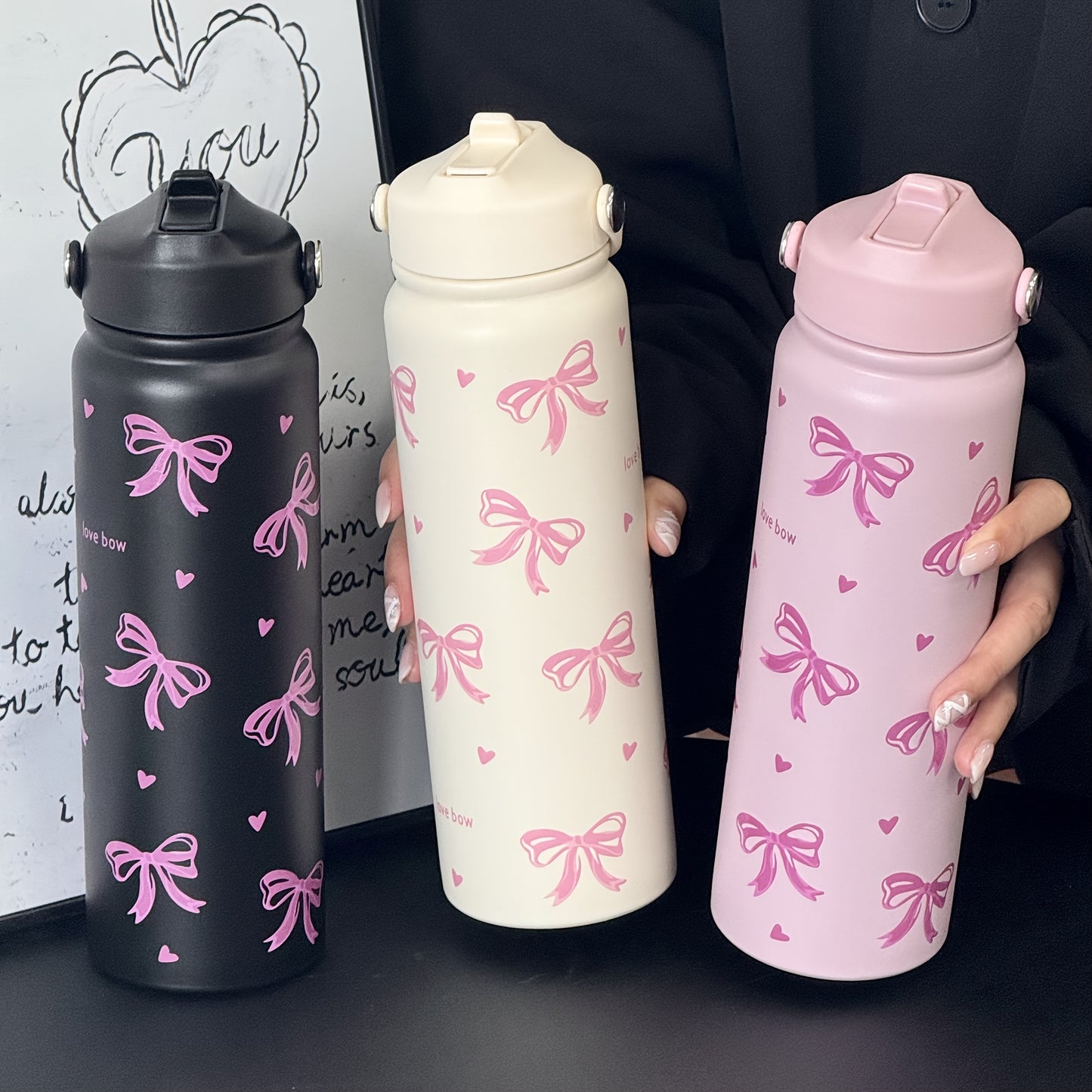HILAKE Large 800ml\u002F27oz Stainless Steel Insulated Water Bottle & Coffee Cup - Thermal Flask with Elegant Pastel Pink Bow Design