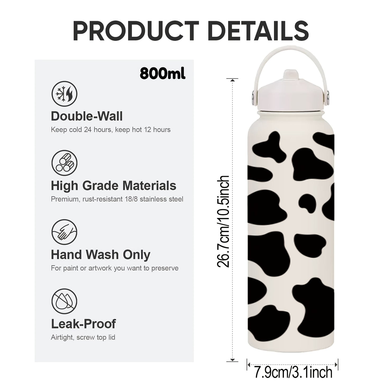 1pc Stylish Travel Flask 800ml Insulated Stainless Steel Travel Flask - 1pc Cow & Leopard Print, Durable & Reusable, Minimalist Design for Office, Outdoor Adventures, Hiking, Picnics, Parties | Perfect Gift for Family & Friends | Stylish & Durable