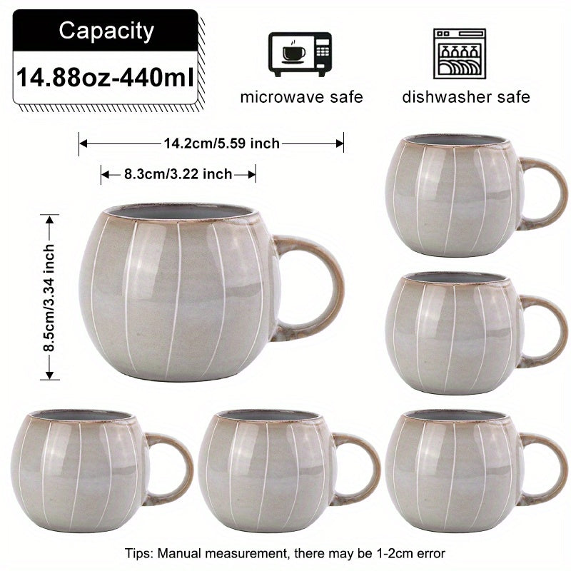 6pcs Spherical Ceramic Mug with Hand-painted Lines, Coffee Cup, Milk Cup, Water Cup, Breakfast Oatmeal Cup, Holiday Gift, 14.88oz\u002F440ml