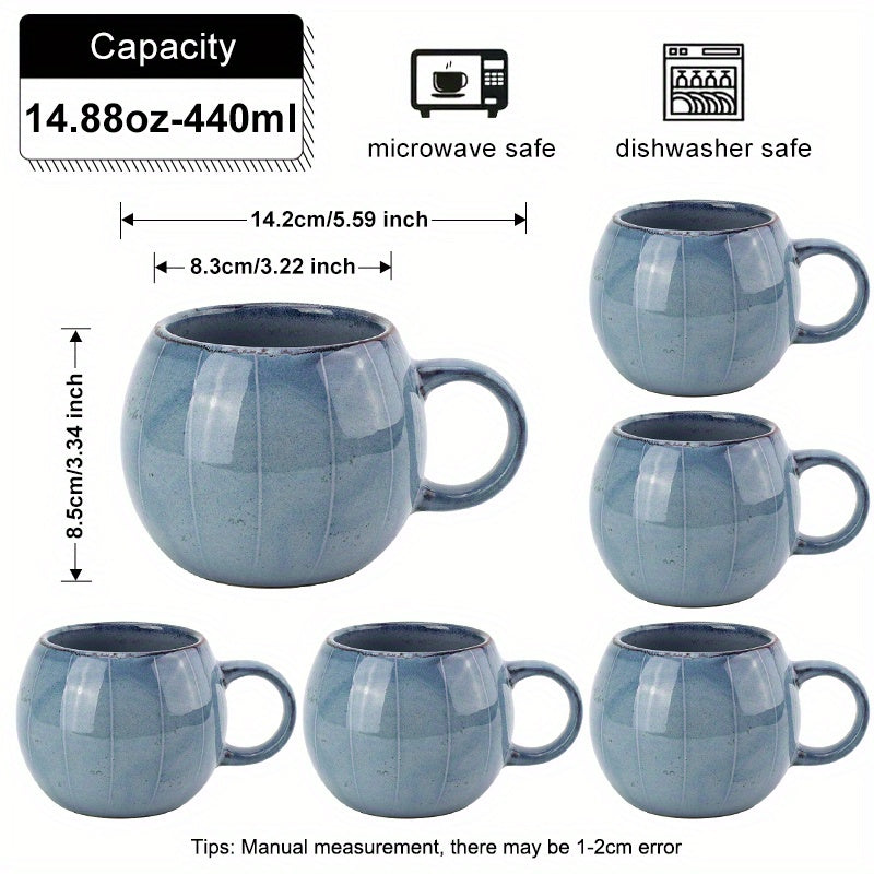 6pcs Spherical Ceramic Mug with Hand-painted Lines, Coffee Cup, Milk Cup, Water Cup, Breakfast Oatmeal Cup, Holiday Gift, 14.88oz\u002F440ml
