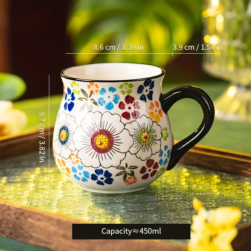 1pc Elegant Hand-Painted Floral Ceramic Mug with Handle - Microwave Safe, Insulated for Hot & Cold Drinks