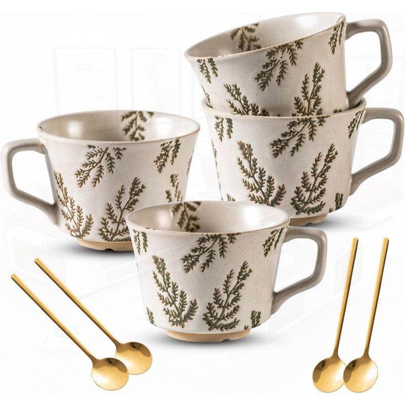 Coffee Mugs Set of 4 with Gold Spoon 11 oz Porcelain Mug Ceramic Tea Cups with Handle for Men Women Handpainted Mug Birthday Housewarming Wedding Gift Dishwasher Microwave Safe