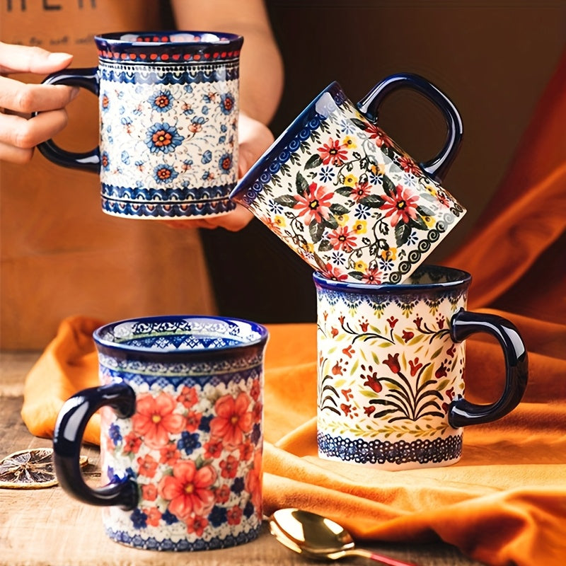 A Set of Gift Hand Painted Vintage Style Flower Pattern Ceramic Coffee Mug, 14oz Mug, Water Cup, Milk Mug, Ceramic Tea Cups with Unique Design for Hot or Cold Drinks