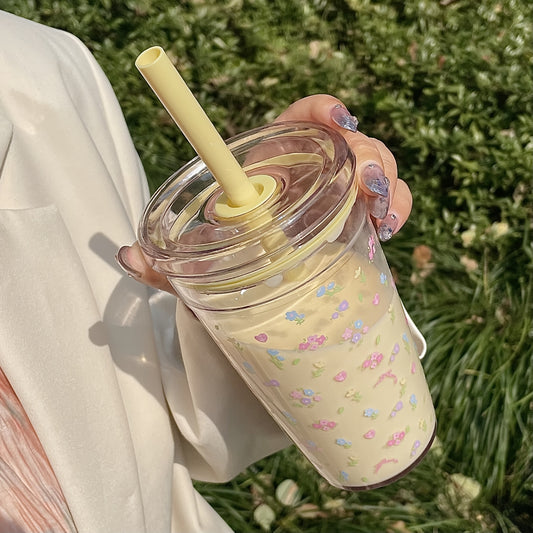 HILAKE 16oz Cup with Straw & Lid - Elegant Floral Design in Pastel Floral Colors (Beige, Pink, Green, Blue)