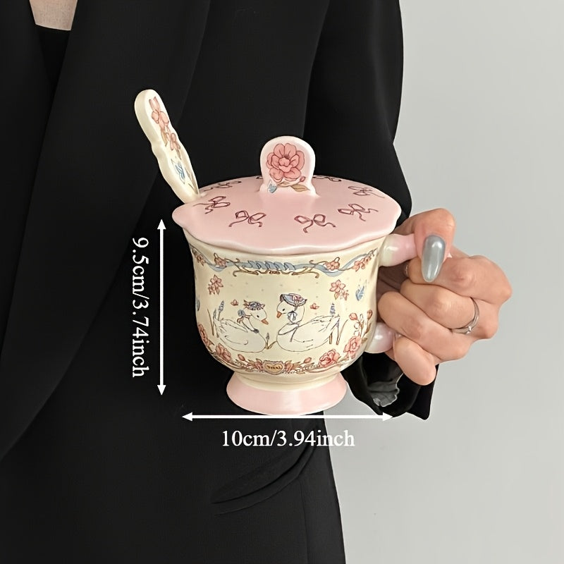 1pc Floral Swan Ceramic Mug - Large Capacity, Elegant Pink & White Design with Floral Patterns