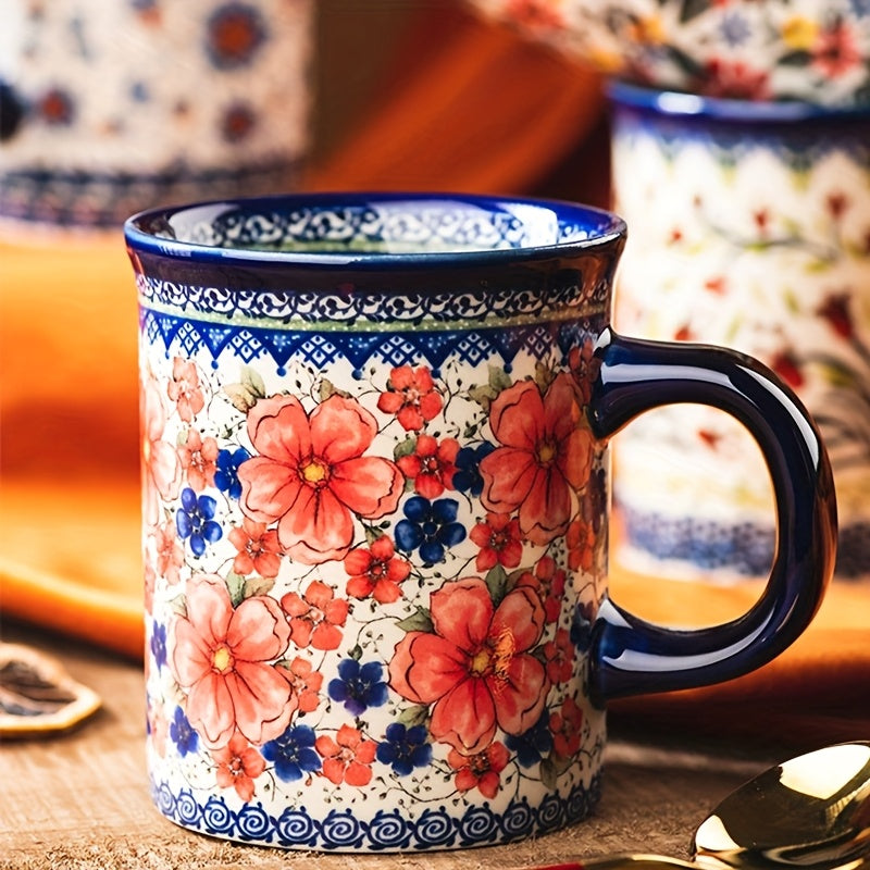 A Set of Gift Hand Painted Vintage Style Flower Pattern Ceramic Coffee Mug, 14oz Mug, Water Cup, Milk Mug, Ceramic Tea Cups with Unique Design for Hot or Cold Drinks