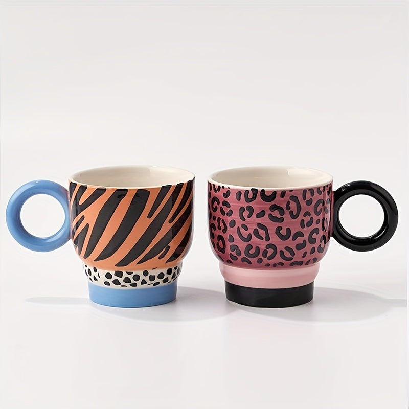 1pc Ceramic Hand-Painted Mug with Creative Ring Handle Design, Stylish Home Decor Cup for Tea