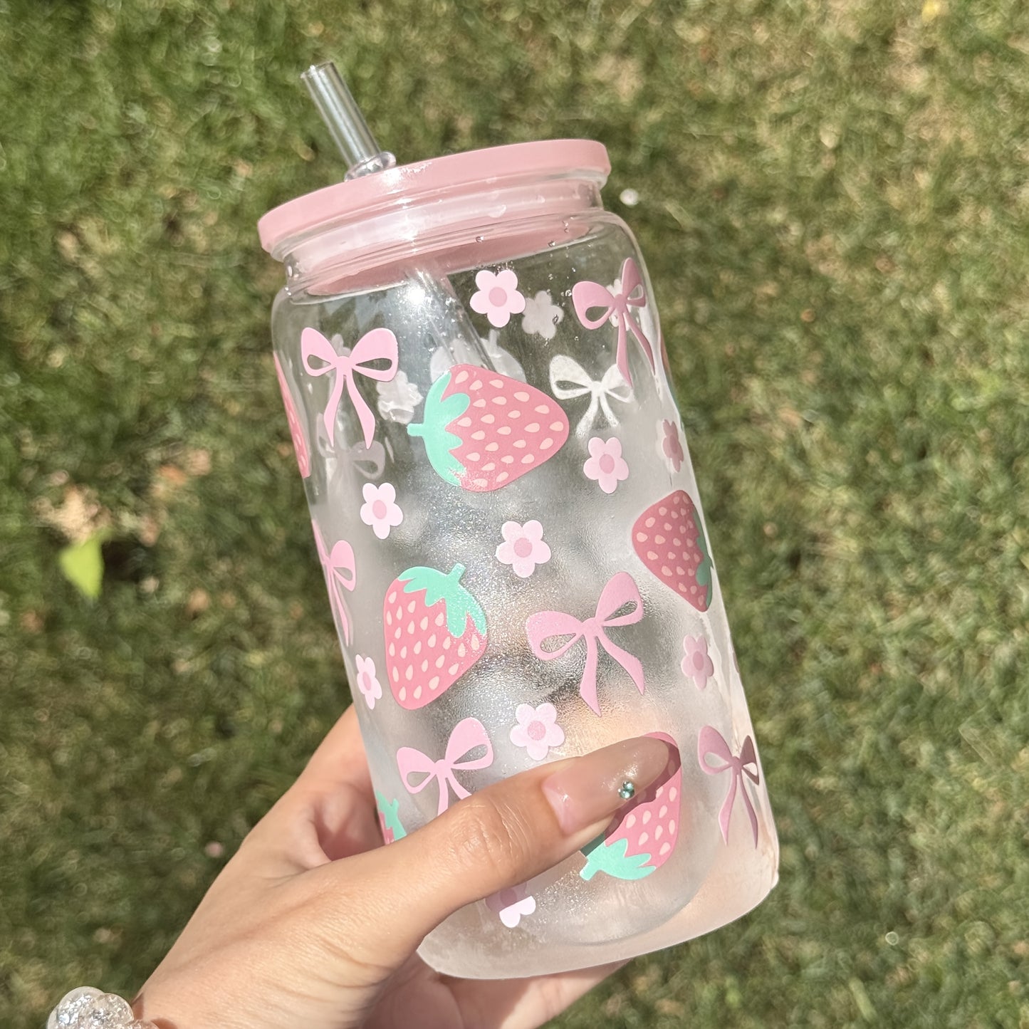 1pc Strawberry Floral Cup HILAKE 1pc 16oz Strawberry Floral Cup with Built-in Straw | Pastel Pink