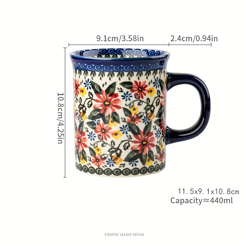 A Set of Gift Hand Painted Vintage Style Flower Pattern Ceramic Coffee Mug, 14oz Mug, Water Cup, Milk Mug, Ceramic Tea Cups with Unique Design for Hot or Cold Drinks