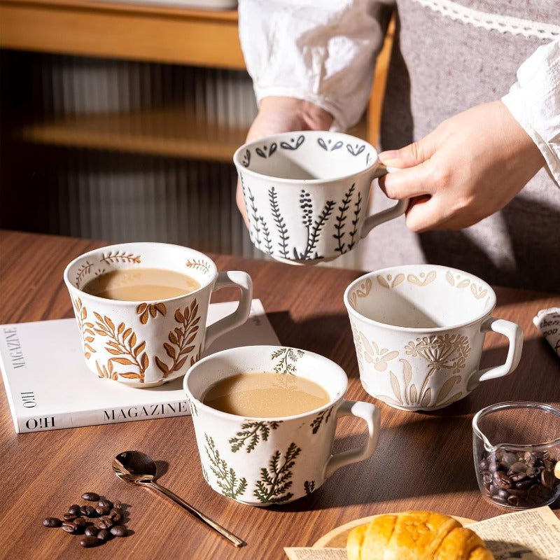 Coffee Mugs Set of 4 with Gold Spoon 11 oz Porcelain Mug Ceramic Tea Cups with Handle for Men Women Handpainted Mug Birthday Housewarming Wedding Gift Dishwasher Microwave Safe