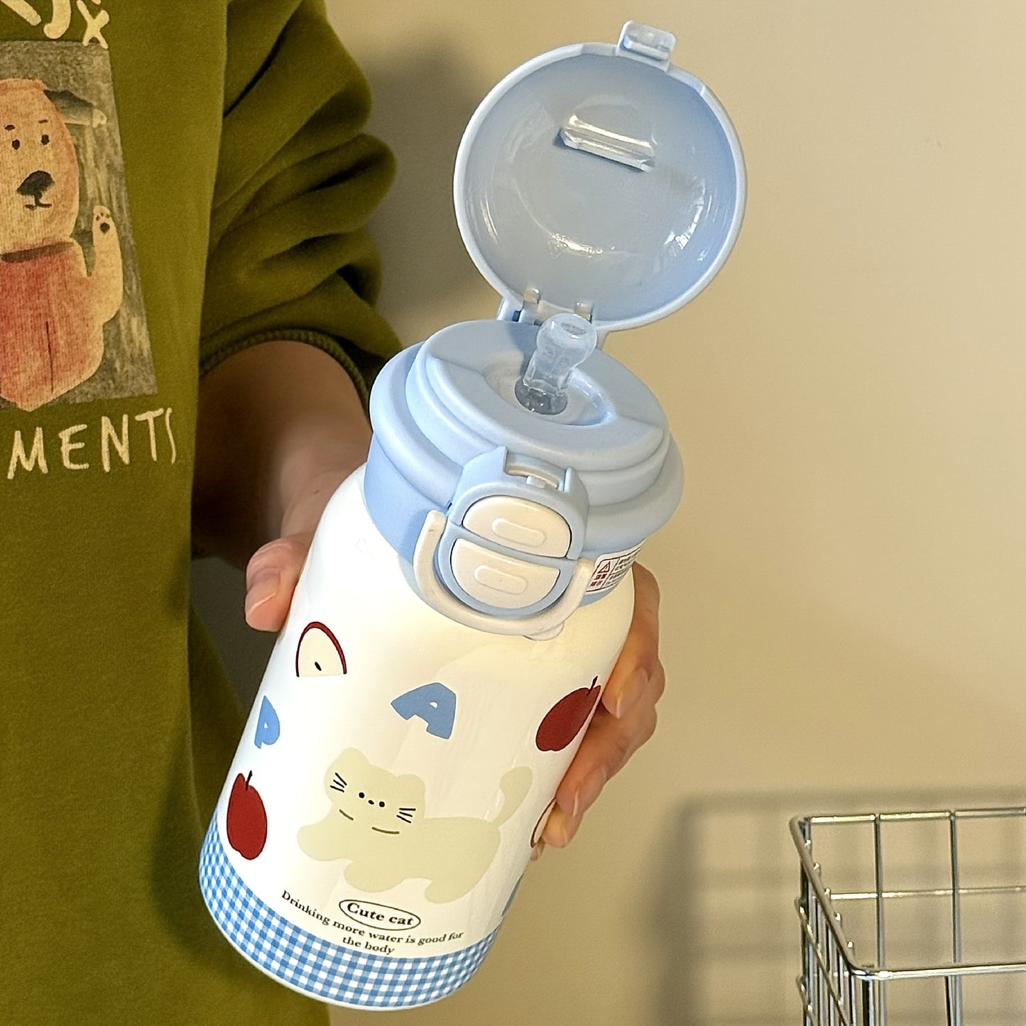 Vacuum Flask Cute Cartoon 316 Thermal Water Bottle Insulated Straw Cups Tumbler with Drinkware Blue Planet Apple Cat