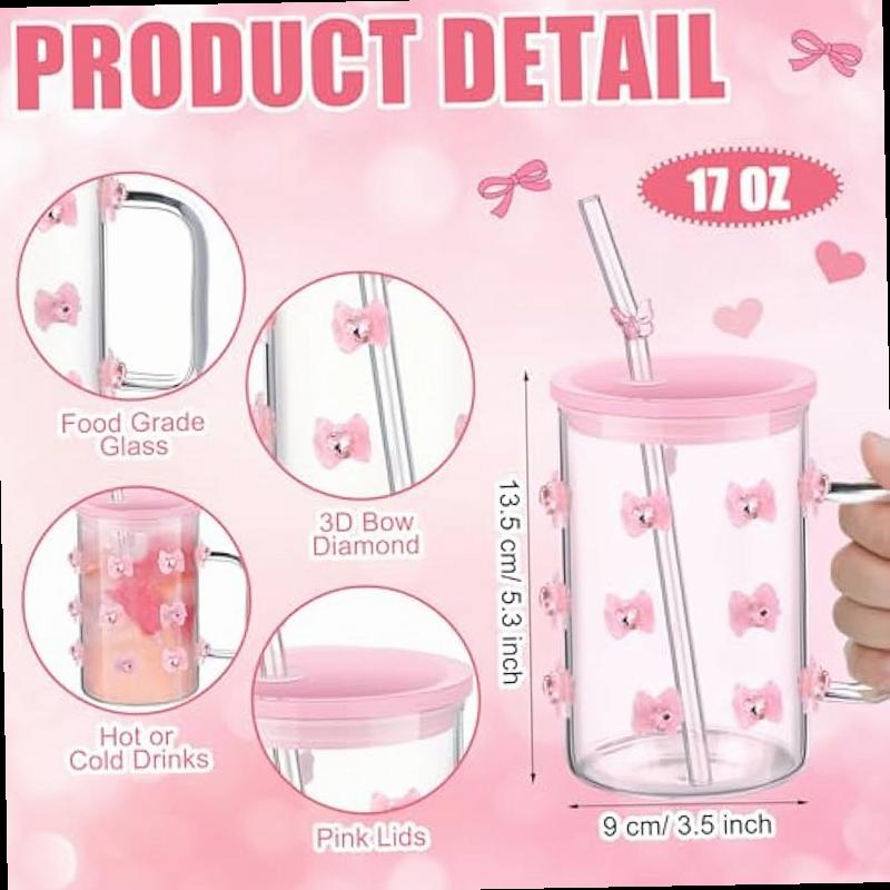 Skylety 2 Pcs Coquette Bow Glass Cups with Handle 3D Diamond Pink Bow Cup with Lid and Straw 17 oz Coquette Aesthetic Iced Coffee Drinking Tumbler for Women Girls Sister Friend Party Favor Gift