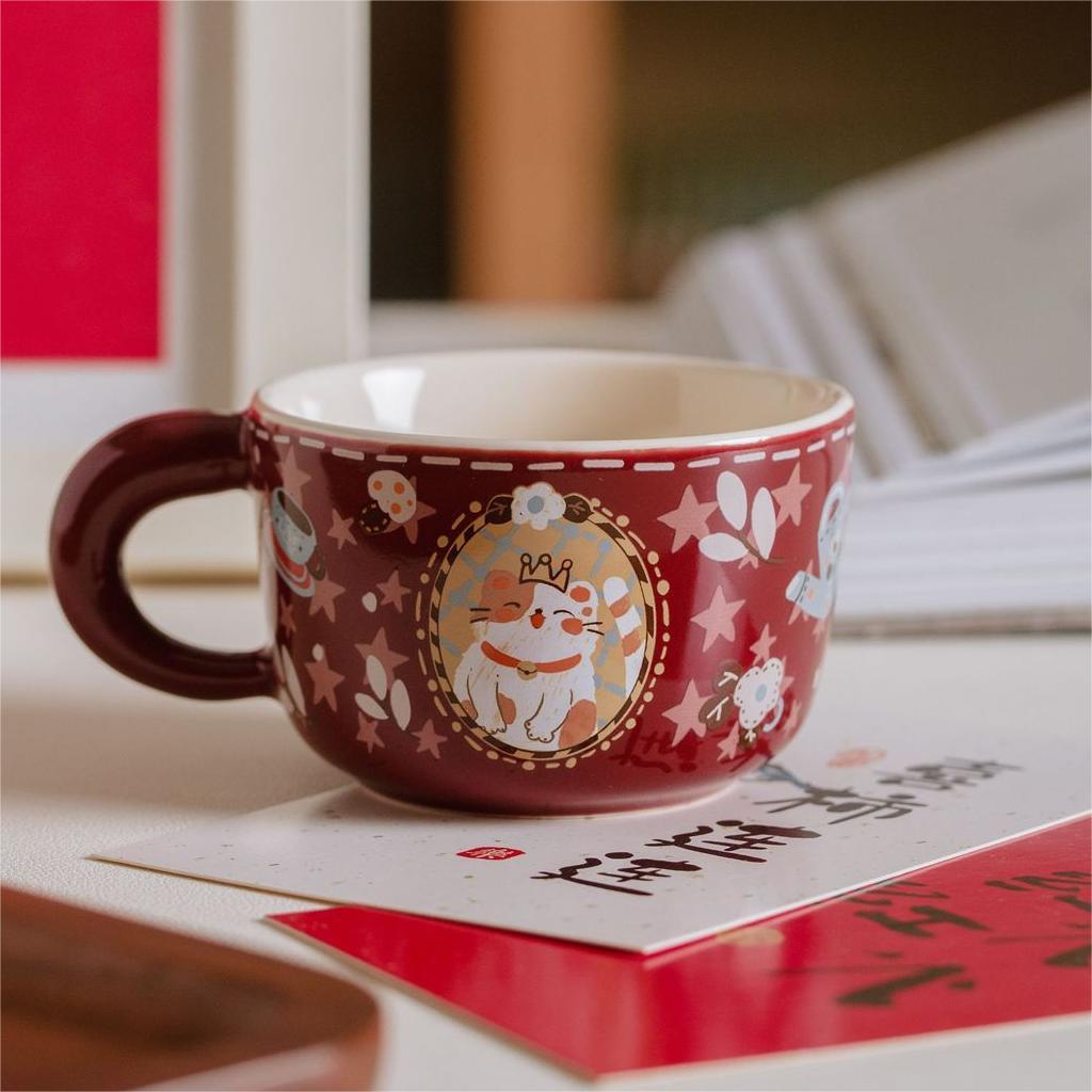 Vintage Cute Money-Grabbing Cat Coffee Mug - Ceramic Kitten Design with Red Bow Tie, Insulated
