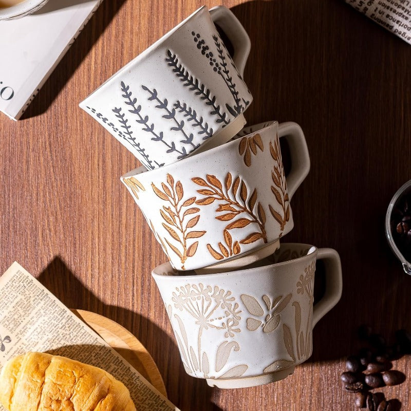 Coffee Mugs Set of 4 with Gold Spoon 11 oz Porcelain Mug Ceramic Tea Cups with Handle for Men Women Handpainted Mug Birthday Housewarming Wedding Gift Dishwasher Microwave Safe