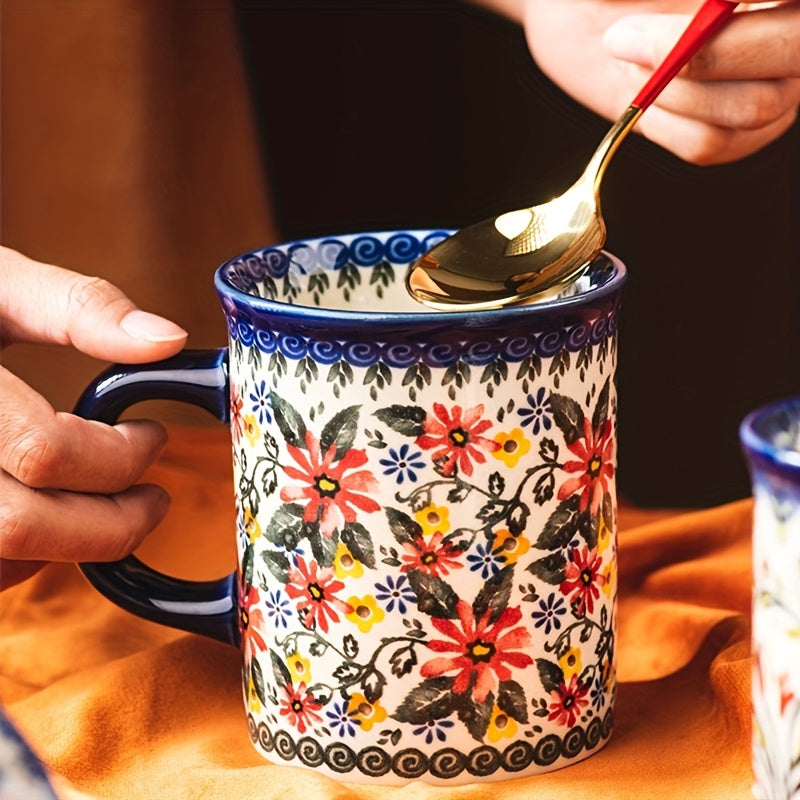 A Set of Gift Hand Painted Vintage Style Flower Pattern Ceramic Coffee Mug, 14oz Mug, Water Cup, Milk Mug, Ceramic Tea Cups with Unique Design for Hot or Cold Drinks