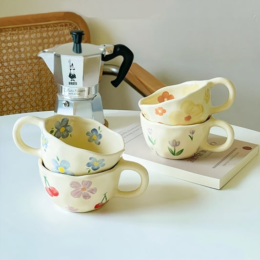 4pcs Floral Ceramic Mug Set, Handcrafted Irregular Shaped Coffee Cups, Multipurpose Reusable Flower Patterned Cups for Christmas, Thanksgiving, Valentine's, Father'S & Mother'S Day - Material, Machine Washable