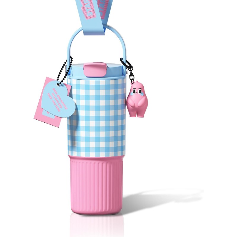24 OZ Leak Proof Stainless Steel Tumbler with Straw Insulated Portyable Water Bottle with Lid and Straw Fits in Cup Holder Resuable Travel Coffee Mug for Women Blue and Pink