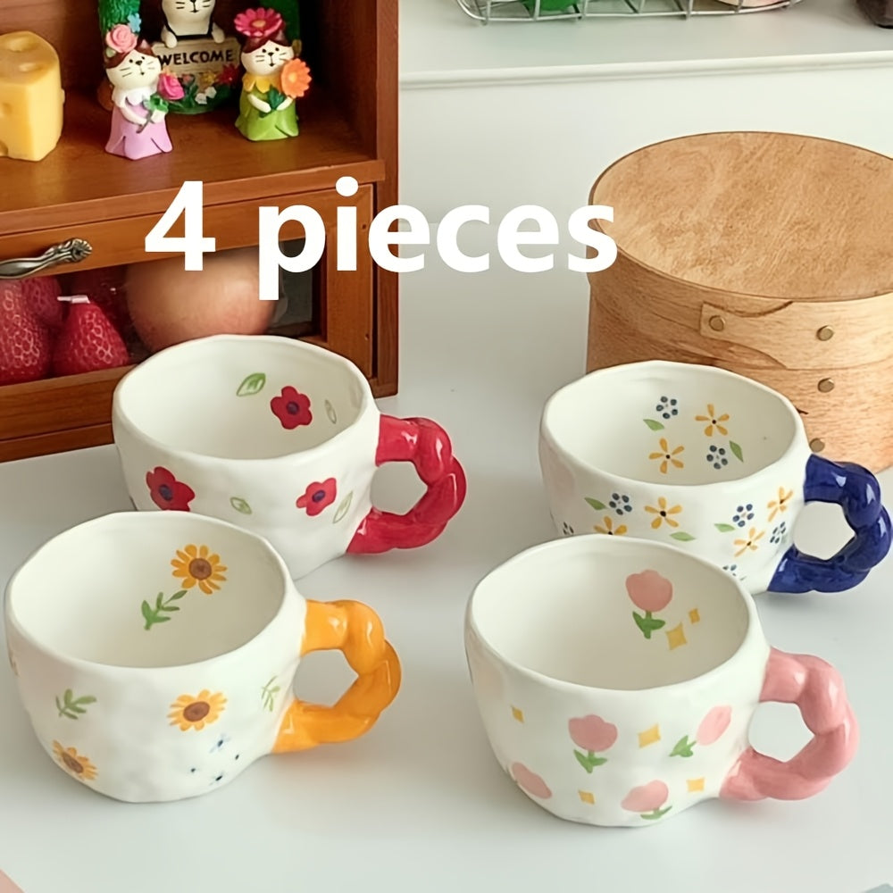 4pcs 1set Twist Braid Handle Flower Mug, Cute Irregular Art Coffee Cup, Suitable for Breakfast, Milk and Afternoon Tea, Reusable Kitchen Supplies, Family Gifts, Couple Cups, Family Cups, Christmas, New Year, Valentine's Day, Holiday Gifts