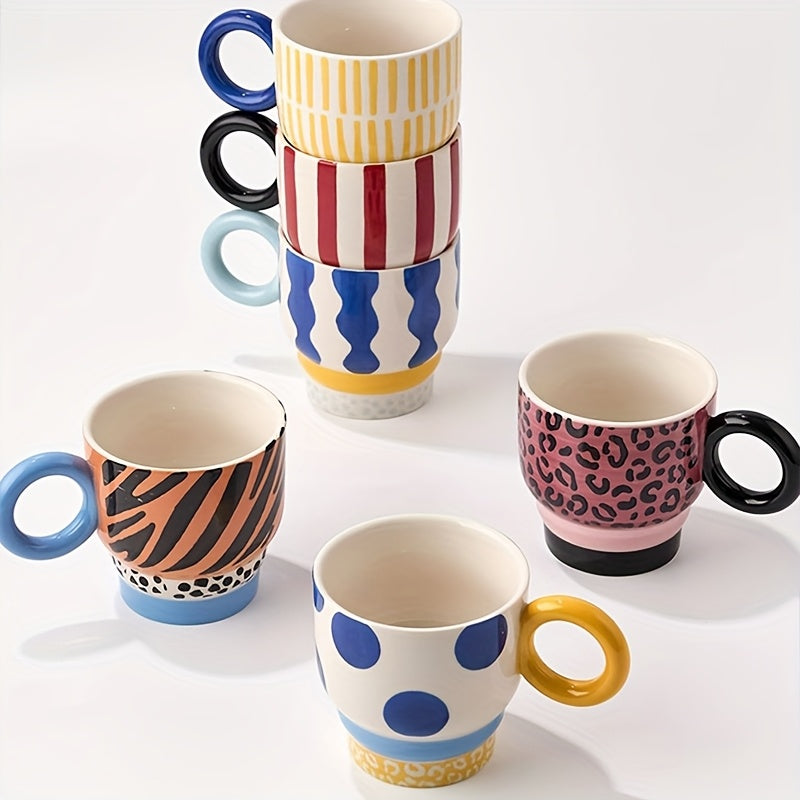 1pc Ceramic Hand-Painted Mug with Creative Ring Handle Design, Stylish Home Decor Cup for Tea