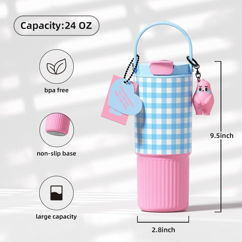 24 OZ Leak Proof Stainless Steel Tumbler with Straw Insulated Portyable Water Bottle with Lid and Straw Fits in Cup Holder Resuable Travel Coffee Mug for Women Blue and Pink