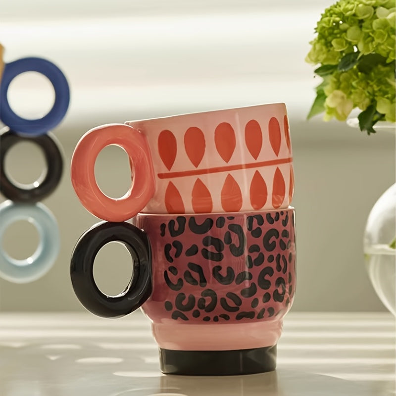 1pc Ceramic Hand-Painted Mug with Creative Ring Handle Design, Stylish Home Decor Cup for Tea