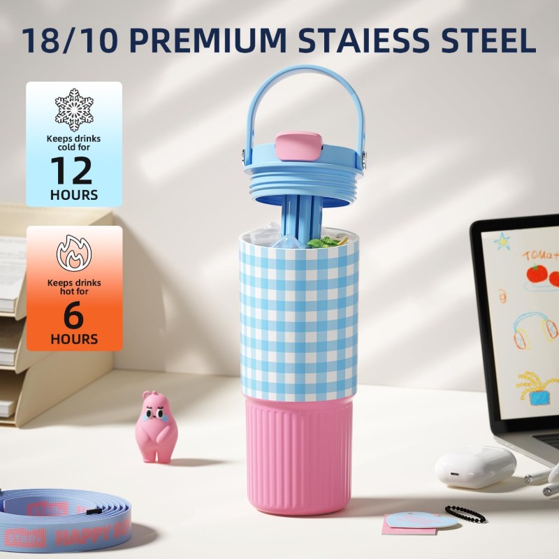 24 OZ Leak Proof Stainless Steel Tumbler with Straw Insulated Portyable Water Bottle with Lid and Straw Fits in Cup Holder Resuable Travel Coffee Mug for Women Blue and Pink