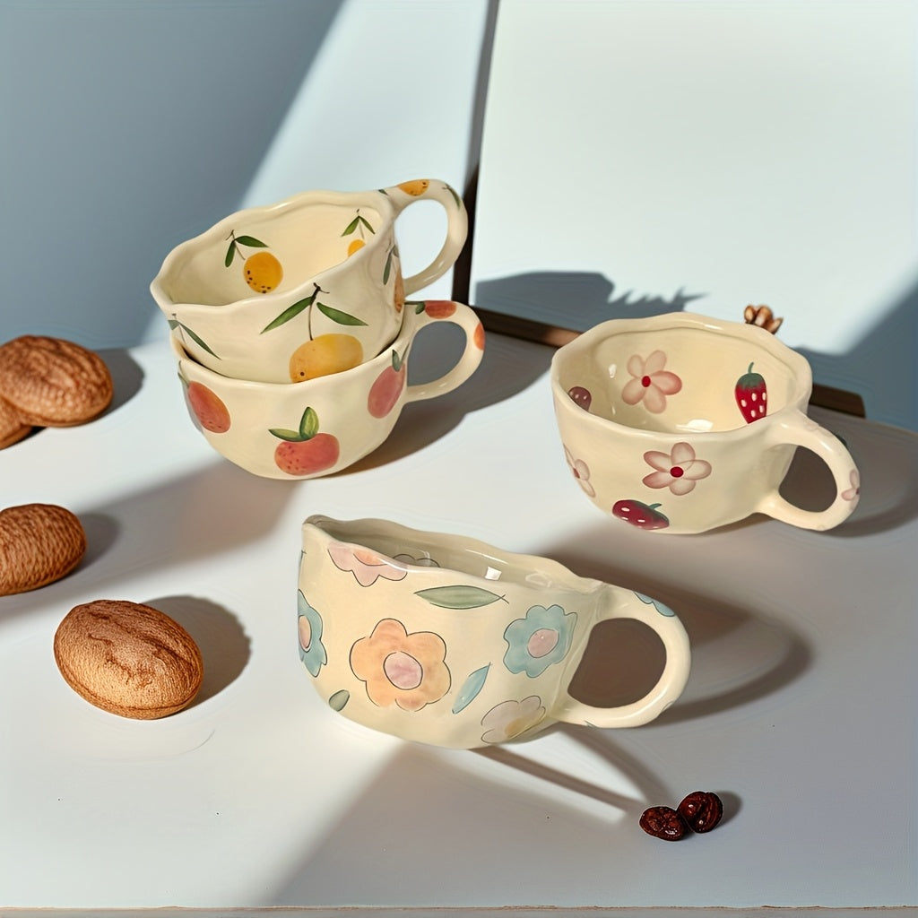 1pc Cute Fruit Ceramic Cup Floral Mug 8.5oz\u002F250ml Cream Color Ins Style Couple Cups with