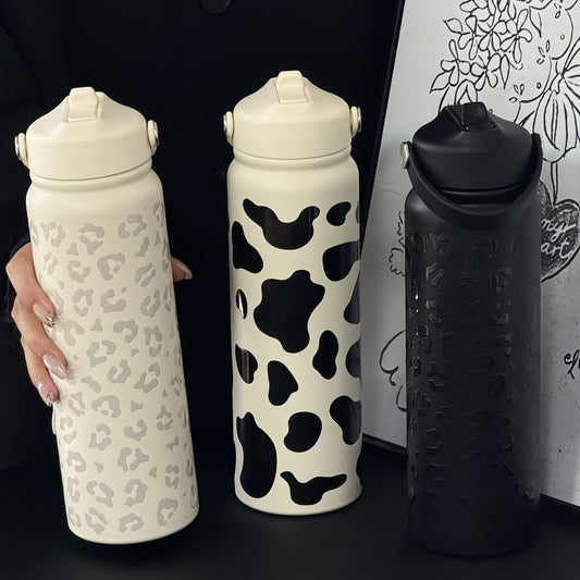 1pc Stylish Travel Flask 800ml Insulated Stainless Steel Travel Flask - 1pc Cow & Leopard Print, Durable & Reusable, Minimalist Design for Office, Outdoor Adventures, Hiking, Picnics, Parties | Perfect Gift for Family & Friends | Stylish & Durable
