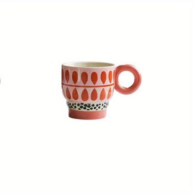 1pc Ceramic Hand-Painted Mug with Creative Ring Handle Design, Stylish Home Decor Cup for Tea