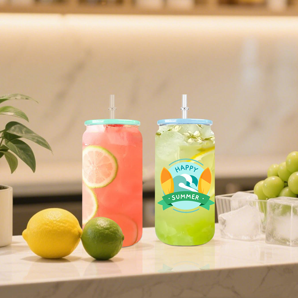 25pcs 16Oz Transparent Glass Cups with Plastic LIDS And Straws