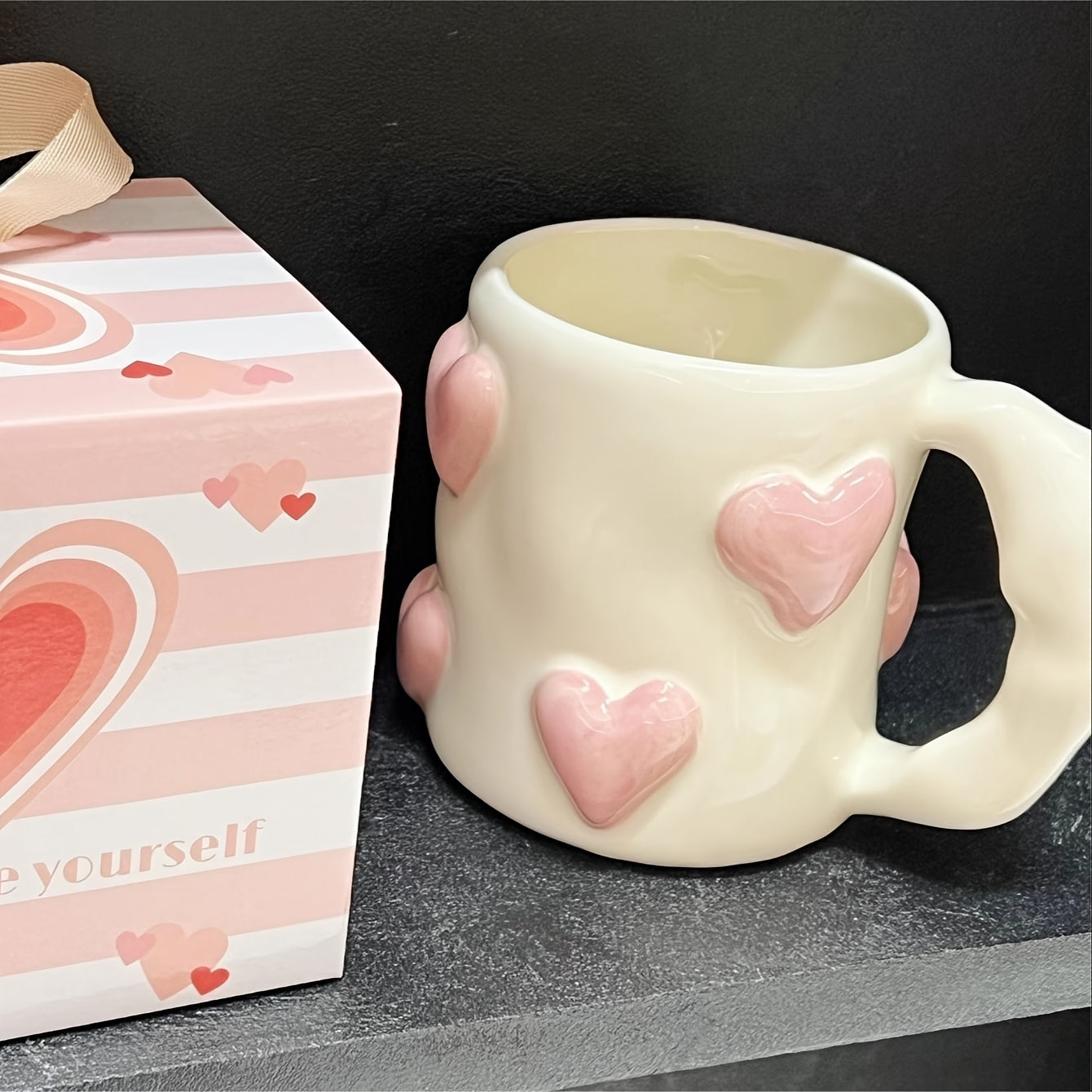 Hand-Painted | Ceramic Reusable High-Quality Hand-Painted Ceramic Coffee Mug with Pink Heart Design | Microwave Safe, White Interior, Perfect for Gifts | Playful Design, Glossy Finish Mug, Coffee Bar Accessories
