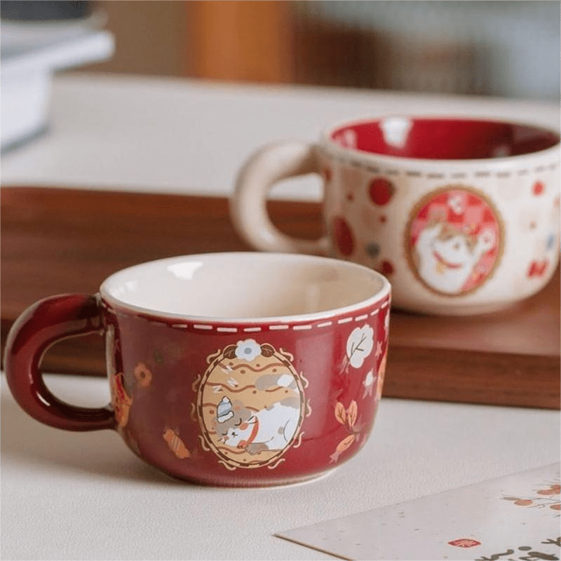 Vintage Cute Money-Grabbing Cat Coffee Mug - Ceramic Kitten Design with Red Bow Tie, Insulated