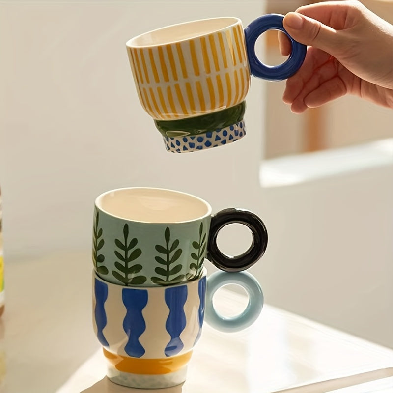 1pc Ceramic Hand-Painted Mug with Creative Ring Handle Design, Stylish Home Decor Cup for Tea