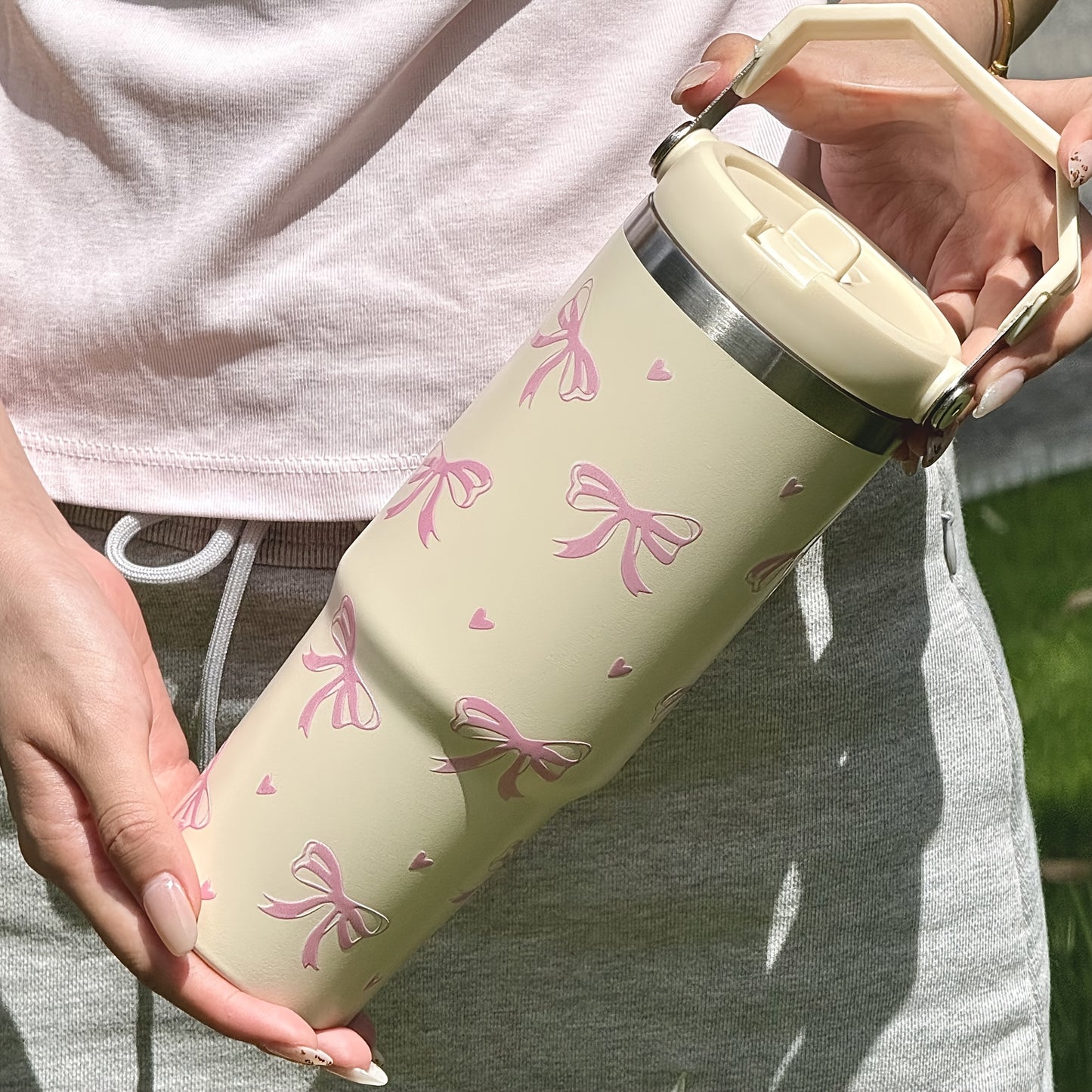 Insulated Travel Flask HILAKE 30oz Insulated Travel Flask with Handle - 1pc Leakproof Thermos for Hot\u002FCold Drinks, Beige & Pink Water Bottle, Cute Gift for Back to School, Weddings, Parties, Christmas, Thanksgiving, Mother's Day, Birthday