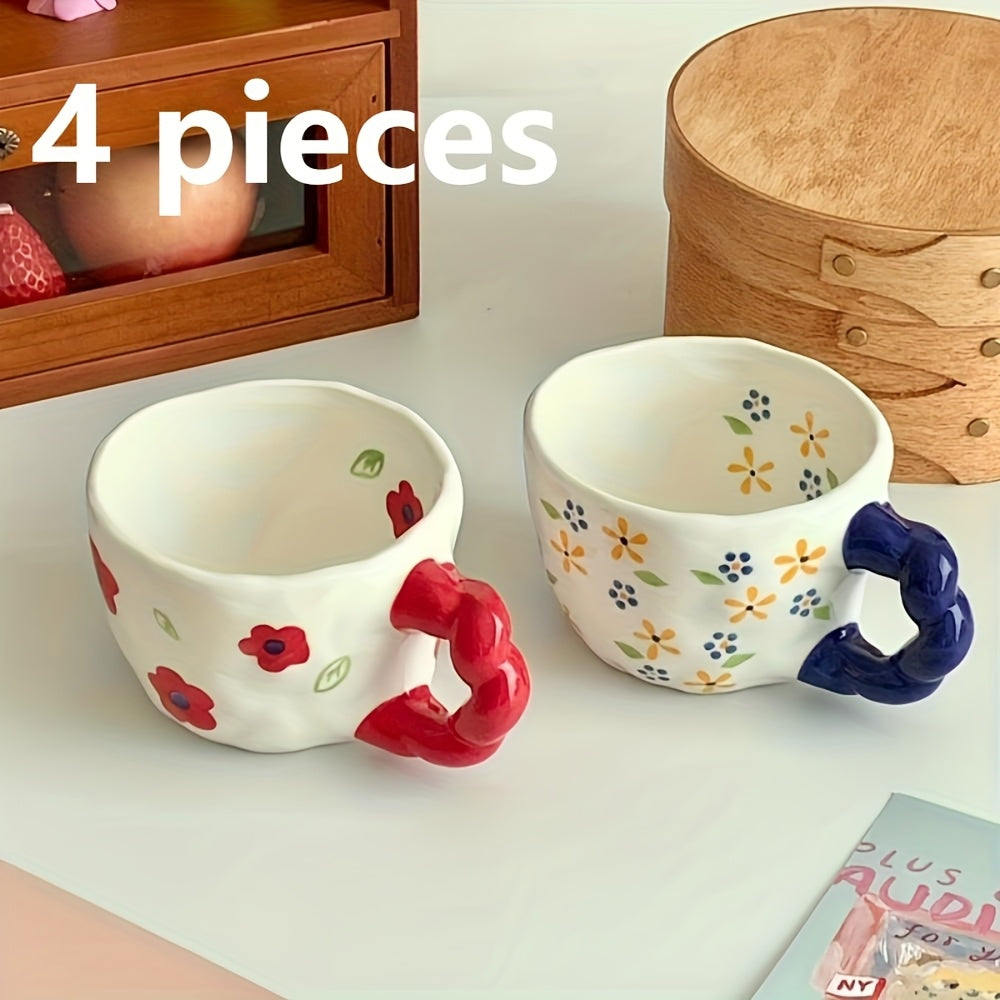 4pcs 1set Twist Braid Handle Flower Mug, Cute Irregular Art Coffee Cup, Suitable for Breakfast, Milk and Afternoon Tea, Reusable Kitchen Supplies, Family Gifts, Couple Cups, Family Cups, Christmas, New Year, Valentine's Day, Holiday Gifts