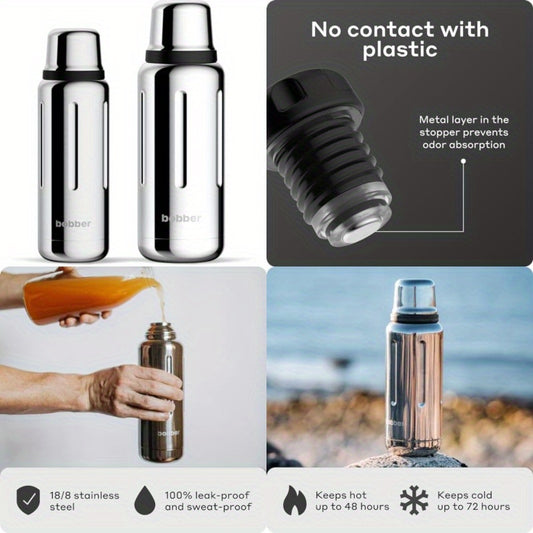 Set of 34 Oz And 16 Oz Classic Stainless Steel Vacuum Insulated Thermo Flasks with Cup Lid in a Glossy Finish